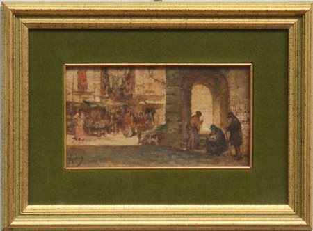 Vincenzo Migliaro "Mercato" olio su tavola (cm 15x25) Firmato in basso a sinistr