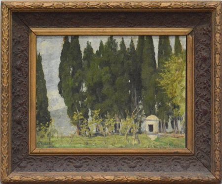 Firma indecifrata "I cipressi di Villa Colloredo" olio su cartone (cm 32x40) Fi
