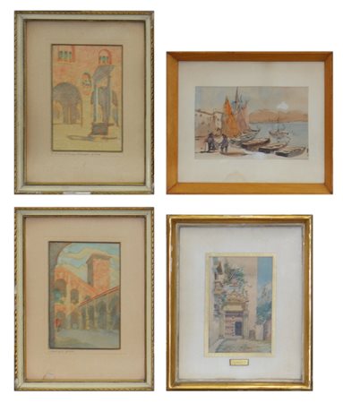 Lotto di quattro disegni a tecnica mista raffiguranti "Edifici storici" ed uno