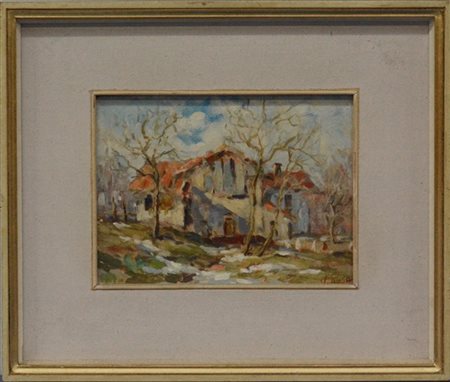 Vittorio Rosa "Casolare" olio su masonite (cm 17,5x24) Firmato in basso a destra