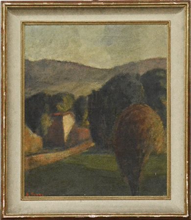 Firma indecifrata "Paesaggio con casa" 
olio su tela
cm 60x50
firmato in basso a