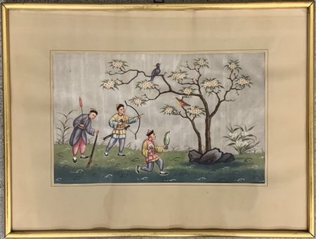 Stampa su seta raffigurante cacciatori, in cornice.
Cina, secolo XX
(20x31 cm.)