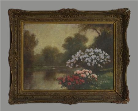 Firma indecifrata "Scorcio con stagno e fiori" olio su tela (cm 75x100) firmato