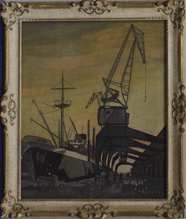 Sergio Degipo "Cantiere portuale" tecnica mista su cartoncino montato su telaio