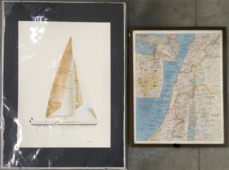 Lotto composto da un disegno raffigurante una barca a vela (foglio cm 73x51) e