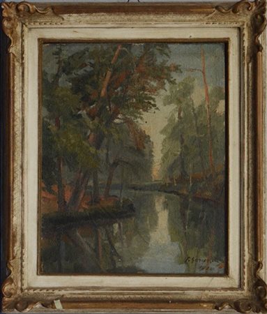 Ferruccio Garopesani "Scorcio lacustre" olio su masonite (cm 50x40) Firmato e da