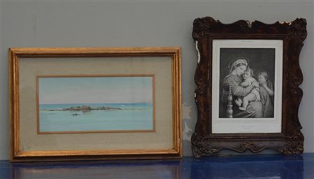 Lotto composto da un dipinto ad olio su compensato con veduta marina ed un'inci