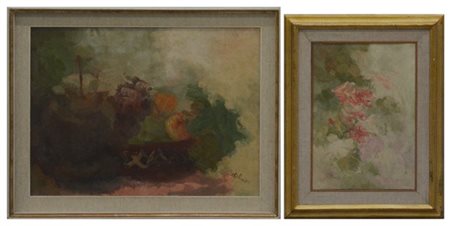 Lotto composto da due dipinti ad olio su tela raffiguranti "fiori e frutti". Fi