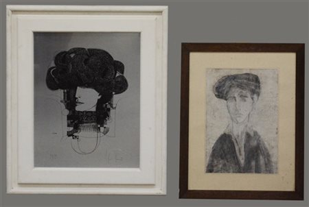 Lotto composto da un multiplo su lamiera ed un disegno raffigurante fanciulla.