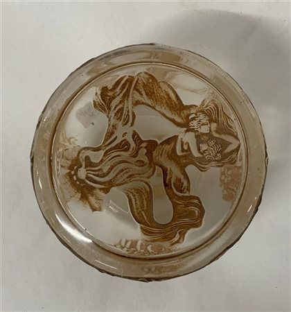 Lalique Portacipria in vetro incolore soffiato in stampo e decorato con figura f