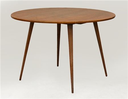 Tavolo con struttura in legno masselo e piano circolare impiallacciato. Italia,