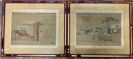 Coppia di antichi dipinti su carta raffiguranti scene di palazzo e recanti iscr