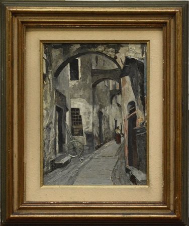 Vittorio Petrella da Bologna "Vicolo di paese" 1949, olio su compensato (cm 36.5