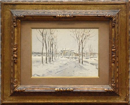 Giovan Battista Zaccaria "Lambrate sotto la neve" 1935, acquerello su carta (cm