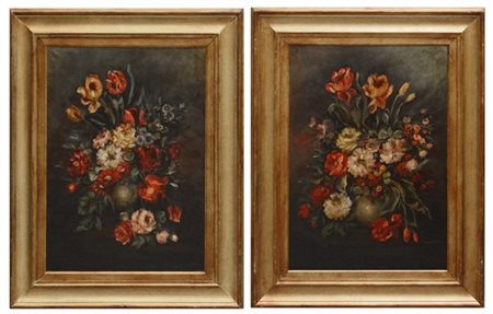 Ignoto "Vaso con Fiori" coppia di dipinti ad olio su tela (cm 70x50) In cornici