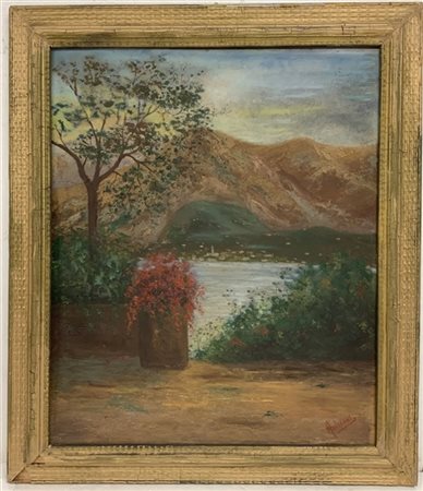 Andreoni "Paesaggio lacustre" olio su compensato (cm 75x62) Firmato in basso a d