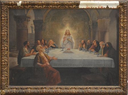 Firma indecifrata "L'ultima cena" olio su tela (cm 70x100) Firmato in basso a d