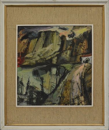 Mario Bulfon "Paesaggio montano" '81 tecnica mista su carta (cm 37x35) firmato