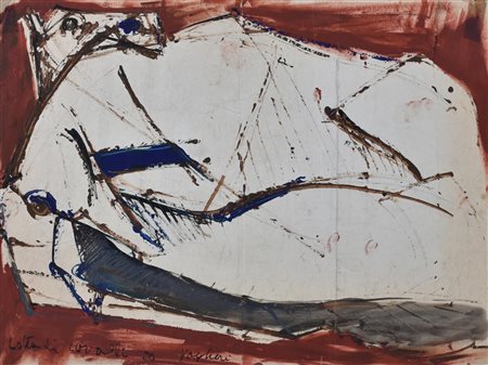 Tino Vaglieri LOTTA DI CAVALLI tecnica mista su carta, cm 31x42 firma, titolo...