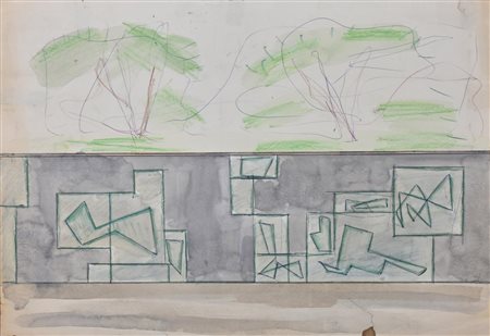 Albino Galvano IL MURO DEL PARCO tecnica mista su carta, cm 33x48 sul retro:...