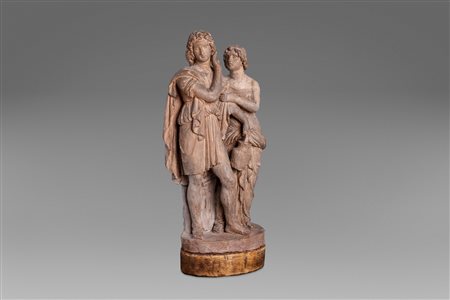 Bozzetto in terracotta raffigurante giovane e fanciulla in abiti classici, secolo XIX