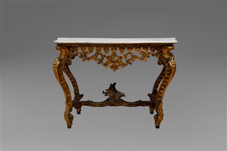 Consolle in legno intagliato, laccato e dorato, con piano in marmo bianco, secolo XVIII