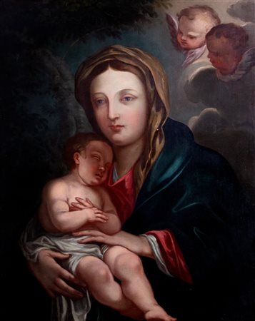Scuola romana, fine secolo XVIII - Madonna con Bambino e due cherubini