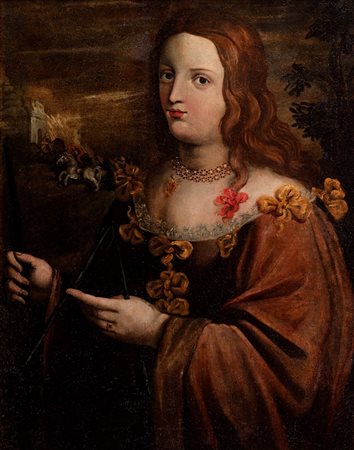 Scuola italiana, secolo XVII - Giovane donna in abiti eleganti, con triangolo in mano (La Musa Tersicore?), sullo sfondo città in fiamme e cavalieri