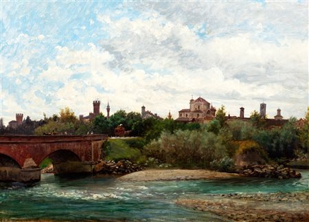 Scuola italiana secolo XIX - Rivarolo Canavese, ponte sull'Orco