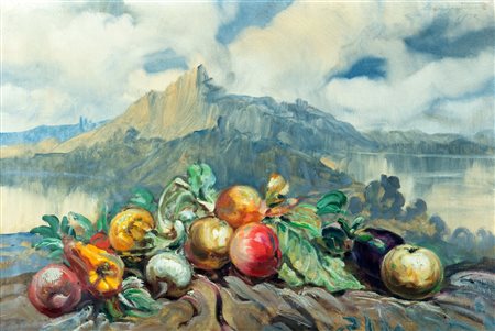 Antonio  Calcagnadoro (Rieti  1935-1976)  - Natura morta con montagna e lago sullo sfondo, 1932