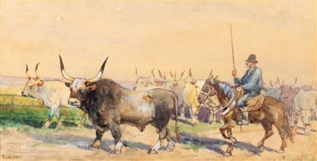 Rocchi (Scuola italiana del XIX secolo) - Buttero a cavallo e bufali nella Campagna Romana, 1858