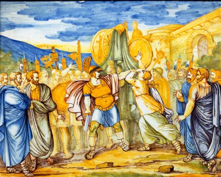 Maiolica Castelli raffigurante Orazio che uccide la sorella, inizi secolo XIX