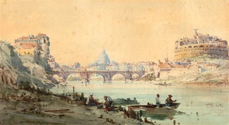 Scuola romana, fine secolo XIX - Veduta del Tevere con Castel Sant'Angelo e la Basilica di San Pietro in lontananza