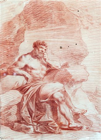 Scuola italiana, secolo XIX - Figura virile seduta in un paesaggio roccioso