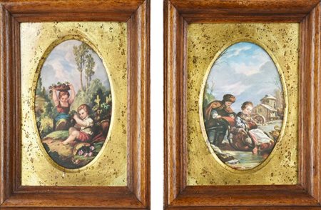 COPPIA DI SCENE GALANTI stampe su stoffa, cm 15x10 ciascuna