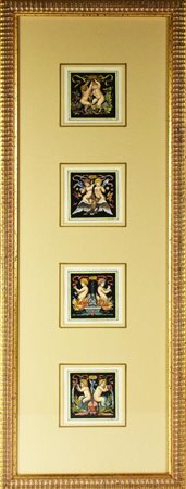 I QUATTRO ELEMENTI stampe colorate a mano, cm 10x10 ciascuna entro cornice cm...