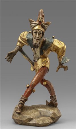 Giullare, scultura in legno intagliato, dorato e 