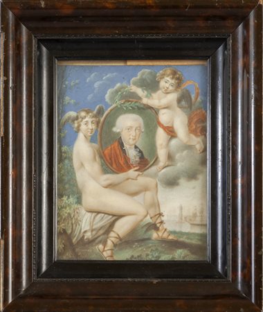 Scena allegorica, miniatura su avorio, cornice in 