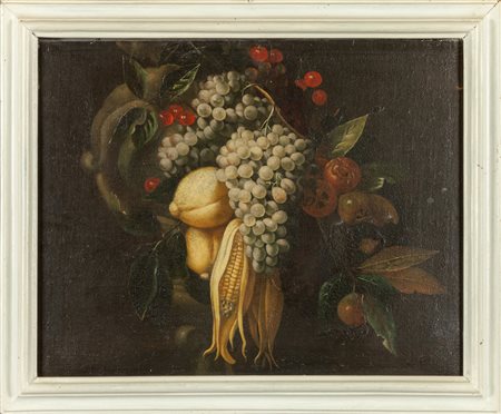 Scuola romana sec.XVII "Pannocchia, limone, uva e 