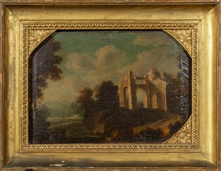 Scuola romana sec.XVIII "Paesaggio con rovine" 