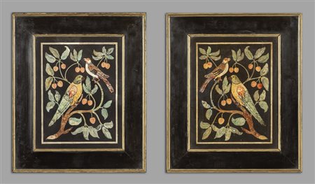 Coppia di pannelli in scagliola policroma, 