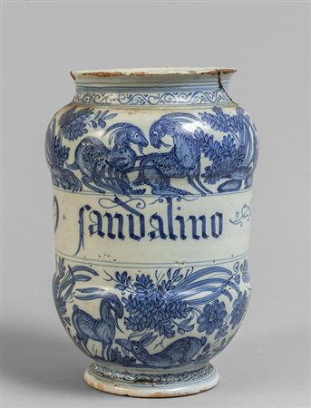 Albarello in ceramica bianca e blu decorato con 