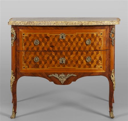 Cassettone intarsiato in legni vari, marquetteria 