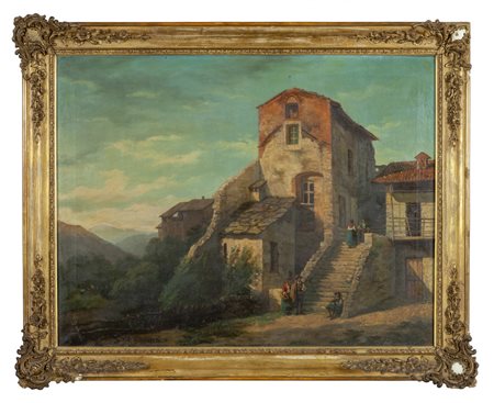 Scuola italiana sec.XIX "Casolare con figure" 