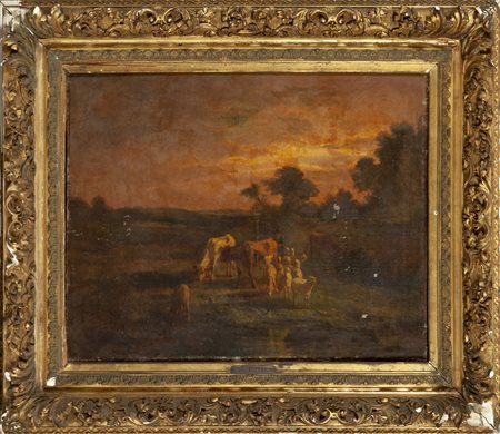 Scuola italiana sec. XIX "Al pascolo" olio<br>cm. 