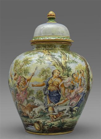 A.Minghetti, vaso con coperchio decorato con 