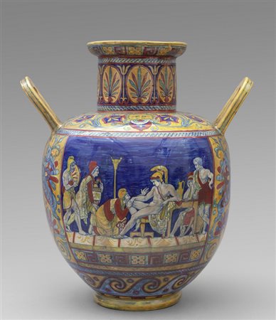 Grande vaso biansato decoro a lustro, marcato 