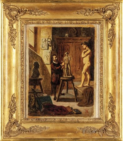 "Lo studio dello scultore" olio, f.to in b. a ds. 