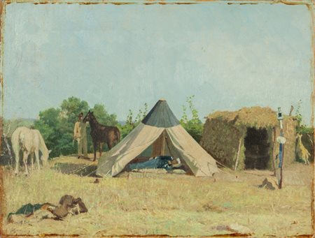 "Accampamento militare" olio, f.to L.Grimaldi, 