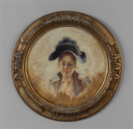 "Giovane donna con cappello piumato" olio, f.to 